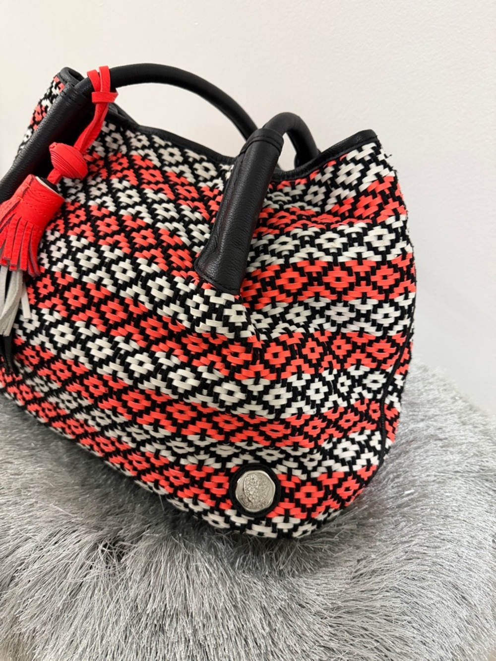 Vince Camuto Red Black White Woven Tote with Tassel